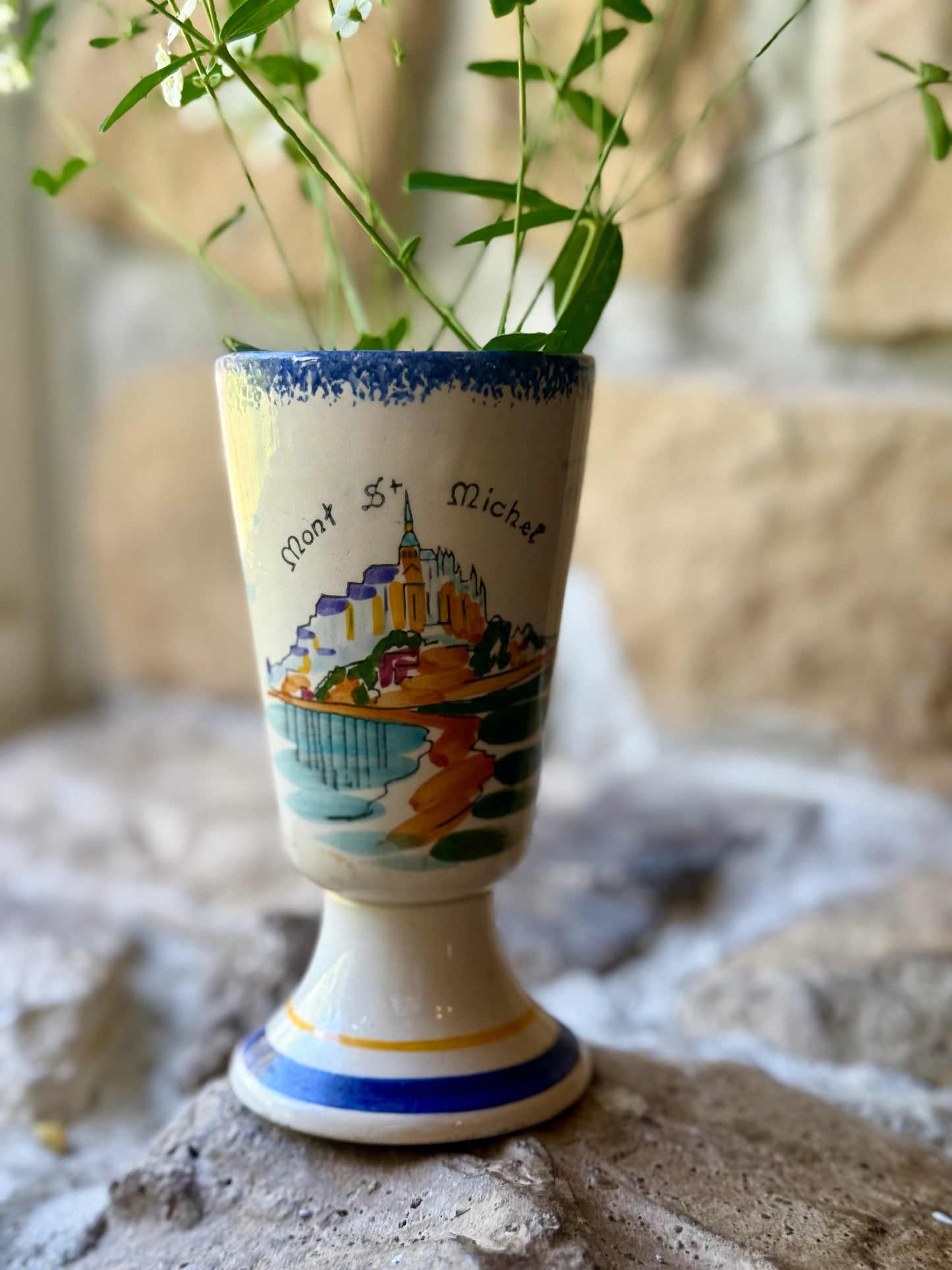 Vintage French Faïence Vase – Mont Saint-Michel Hand-Painted Souvenir
