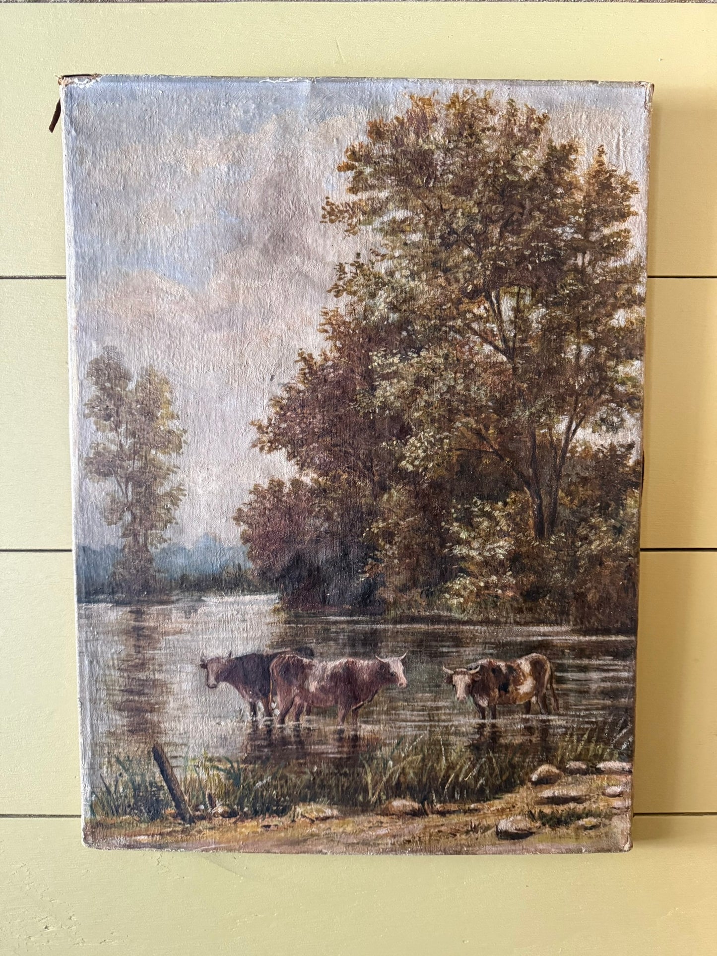 Cows in the Pond, 19th Century Oil on Canvas