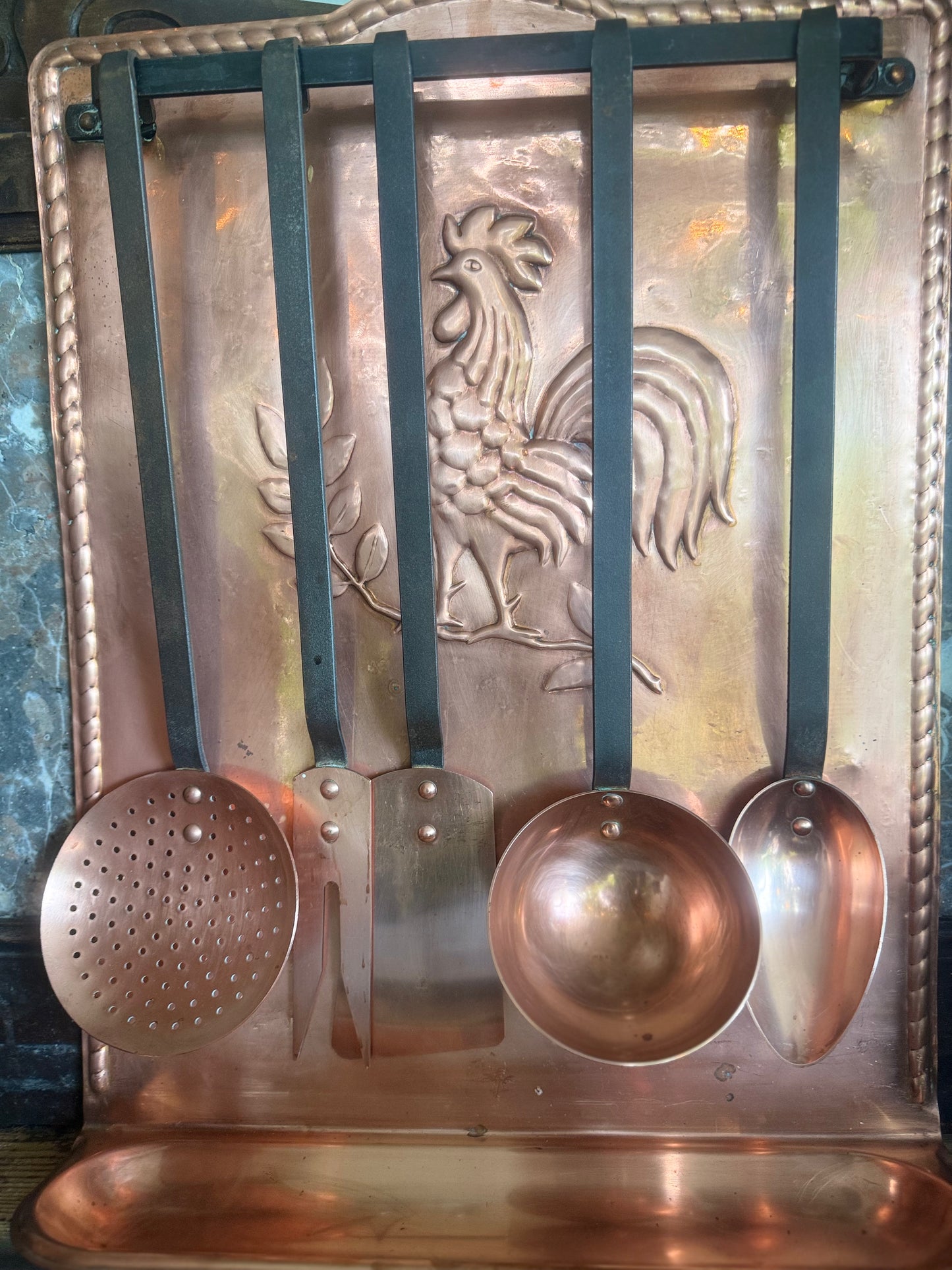 🇫🇷 Vintage French Copper Utensil Rack with Rooster Motif