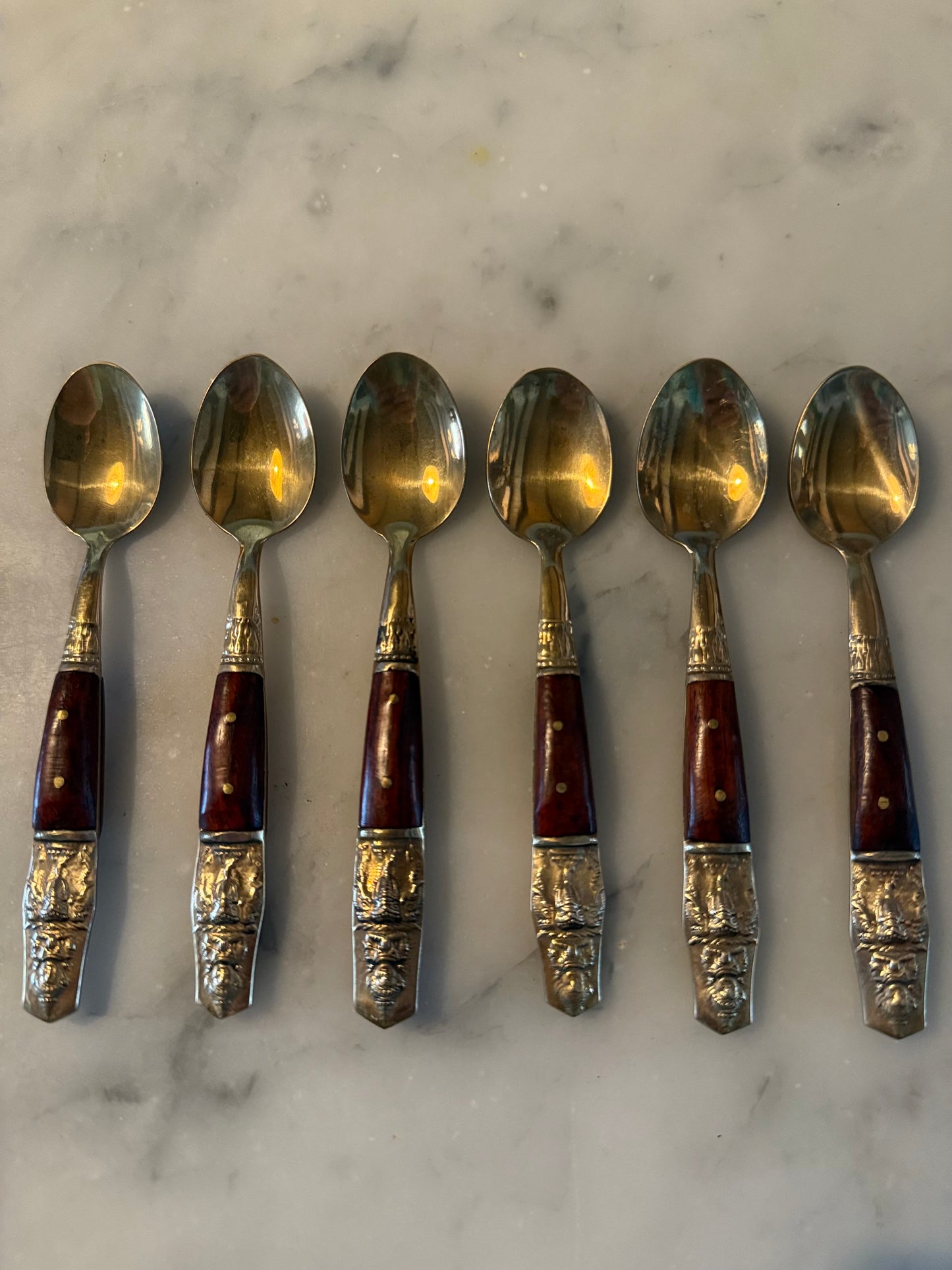 Set of Six Vintage Siamese Buddha Spoons – Brass and Teakwood