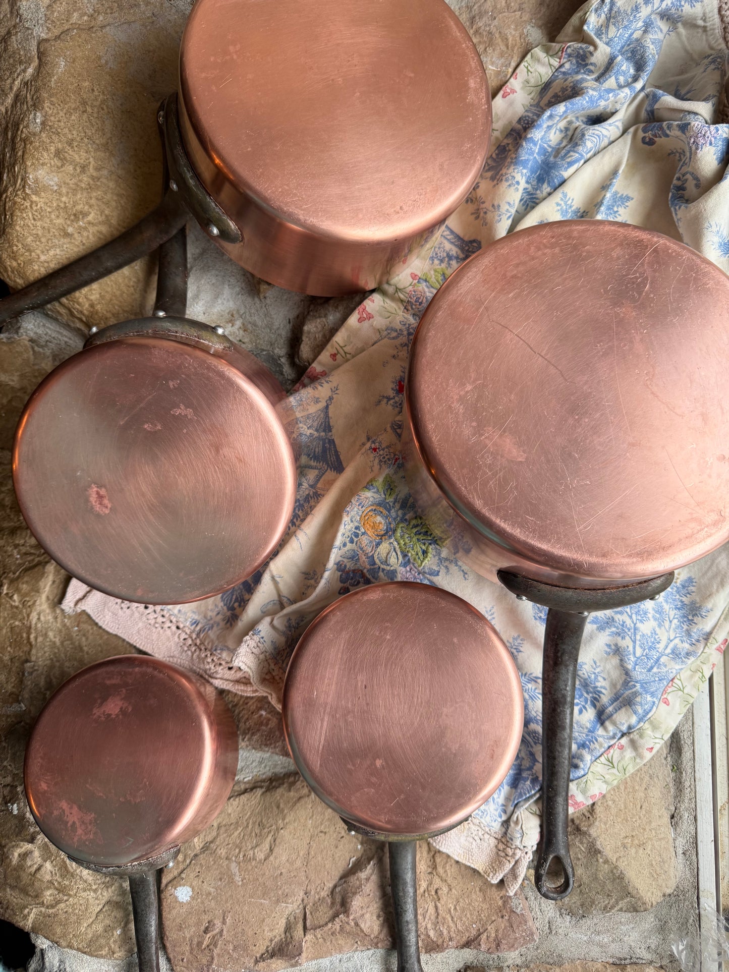 Heavy Vintage French Copper Saucepan Set (Set of 5)