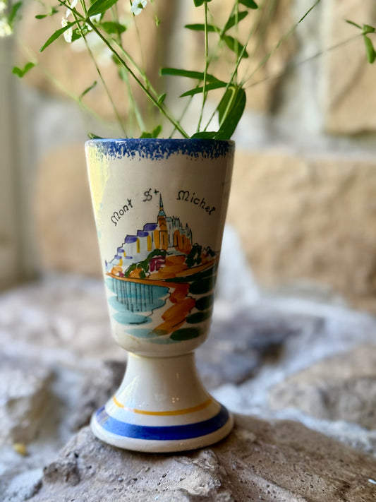 Vintage French Faïence Vase – Mont Saint-Michel Hand-Painted Souvenir