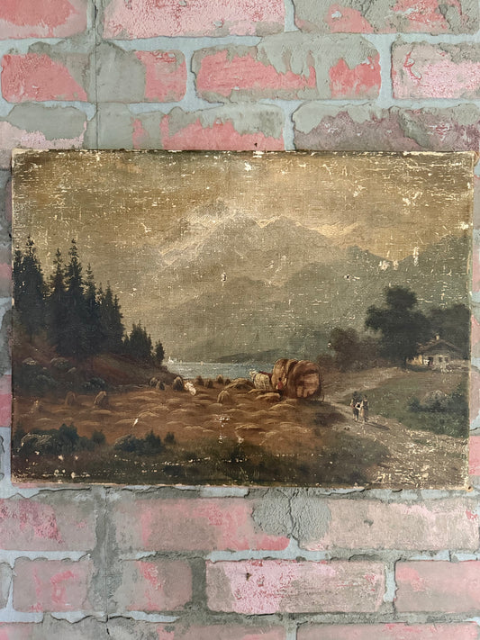19th Century European Pastoral Painting on Canvas – "Hay in the Valley"