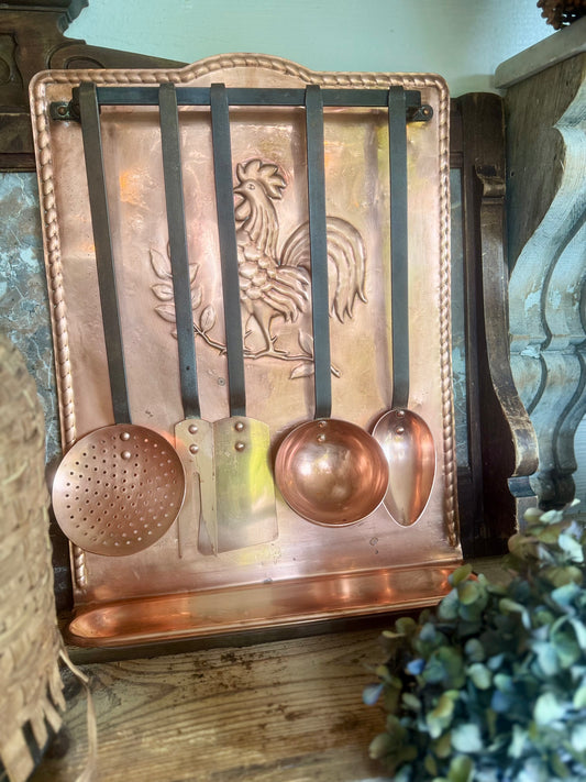 🇫🇷 Vintage French Copper Utensil Rack with Rooster Motif