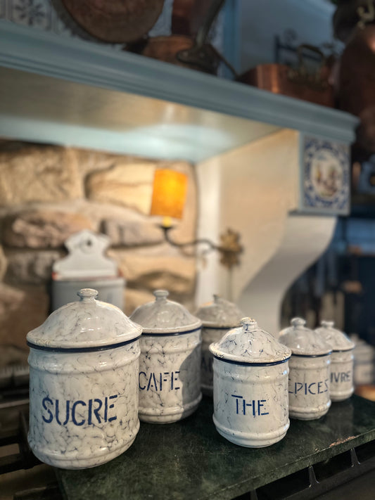 French Vintage/Antique Enamel 'Series d'Épices' | 6 Pcs French Enamel Canister FULL Set | BLUE