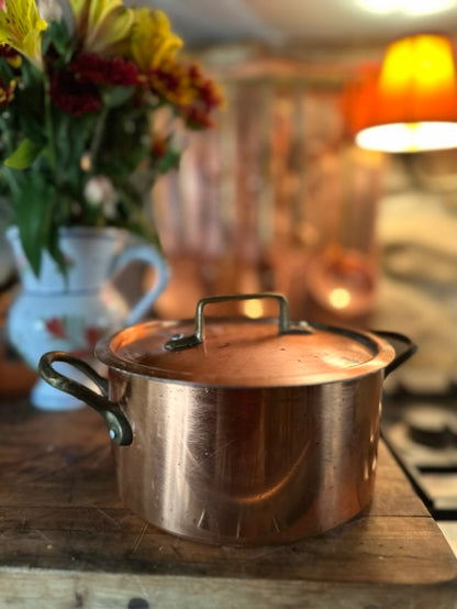 Small 20th Century Vintage French Copper Casserole Pan with Lid