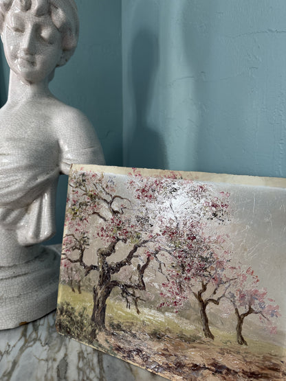 French Oil on Board, Cherry Blossom Lane, Signed
