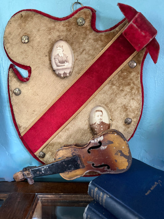 Antique French Velvet Shield Frame with Portrait Photographs – Late 19th Century