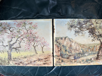 French Oil on Board, Cherry Blossom Lane, Signed