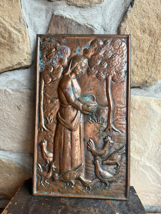 Antique French Copper Bread Bin Cover – Woman Feeding Hens Scene