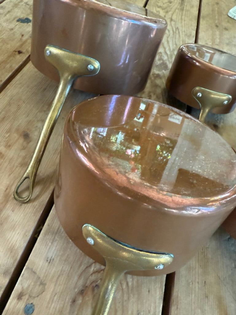 Reserved for Rachel M. | French Copper Sauce Pan Set (5) Brass Handles | EXCELLENT Condition, Ready for Use