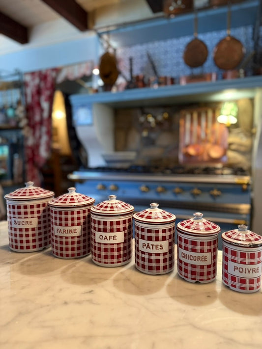 French Vintage Enamel Canister Set – 1940s Country Kitchen Charm