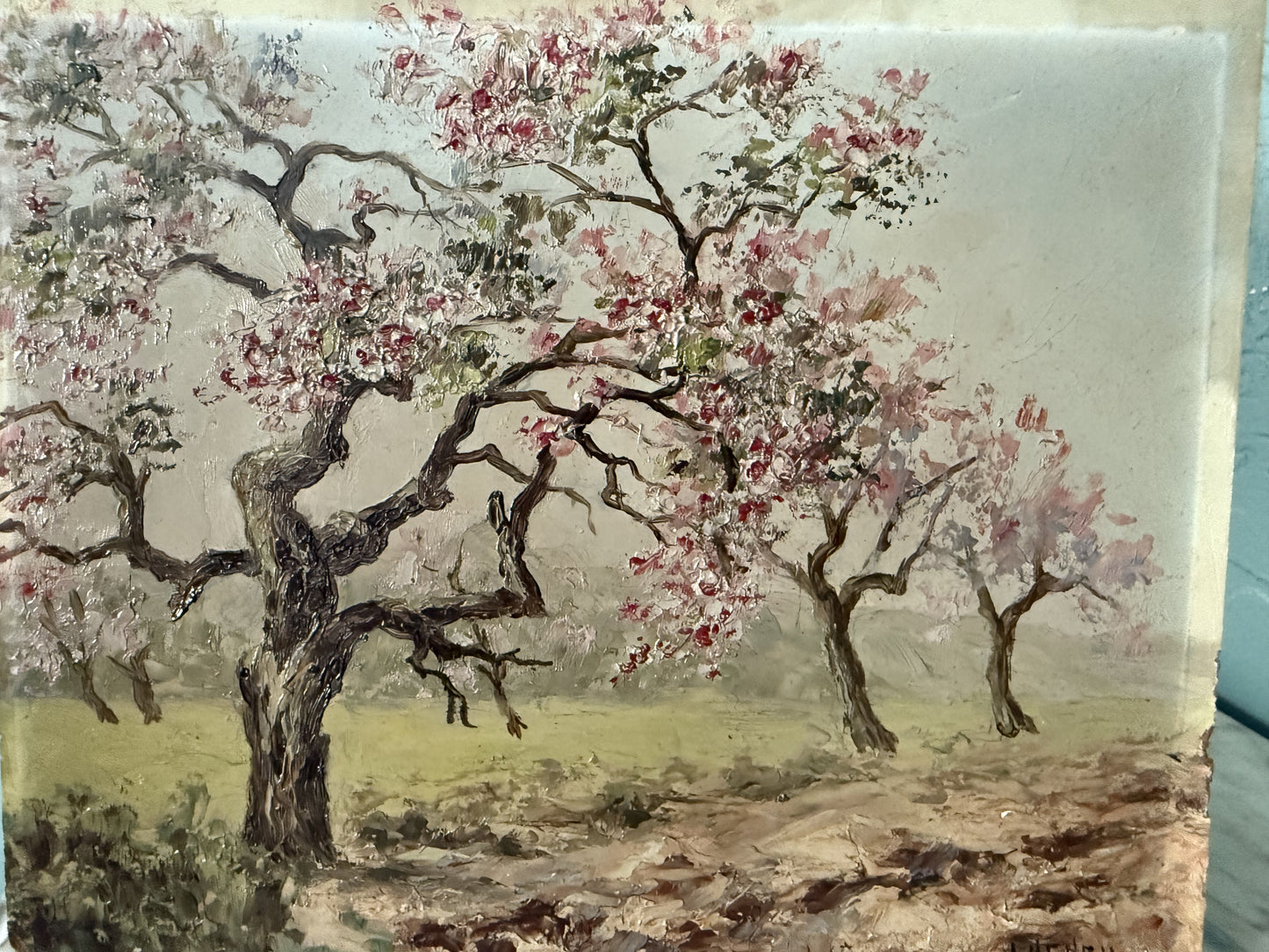 French Oil on Board, Cherry Blossom Lane, Signed