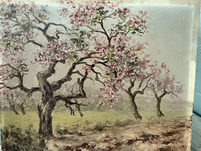 French Oil on Board, Cherry Blossom Lane, Signed
