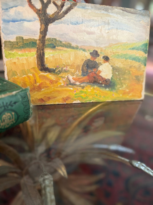 Petite French Oil Painting on Card – Countryside Lovers, Early 20th Century