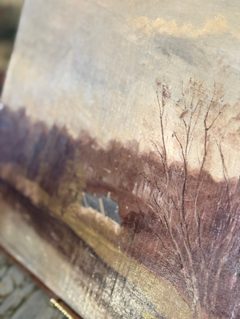 Blue Roofed Cottage | French Oil on Board