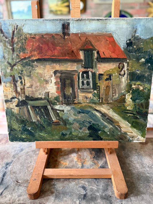 French Oil Painting – Village Cottage Scene, Circa 1910–1930