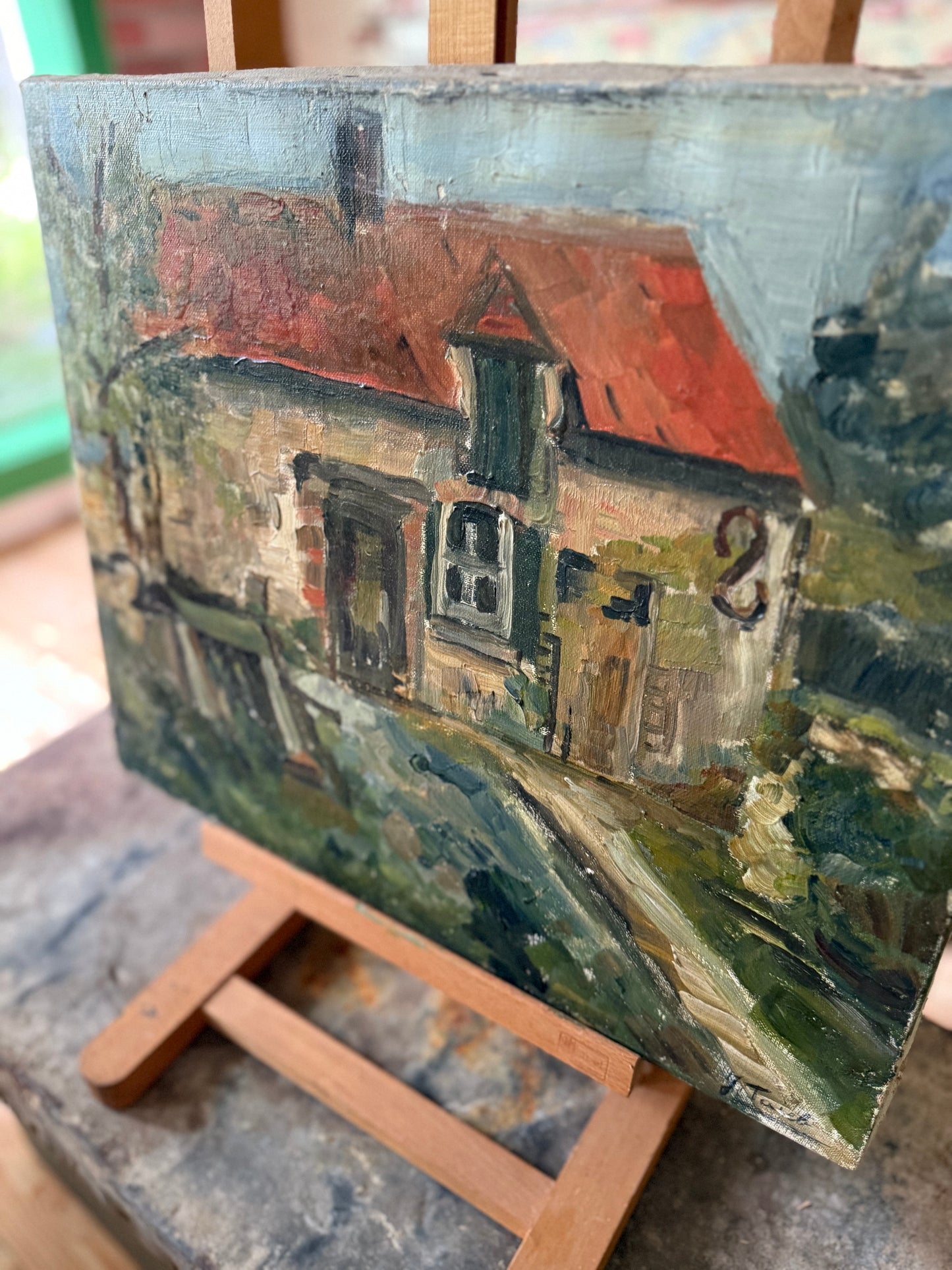 French Oil Painting – Village Cottage Scene, Circa 1910–1930