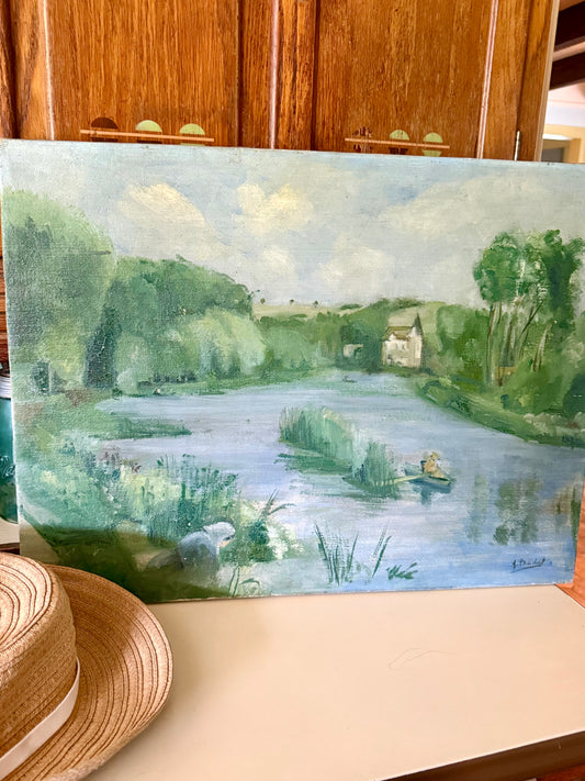 French Oil Painting – River Landscape with Boater, Circa 1910–1930
