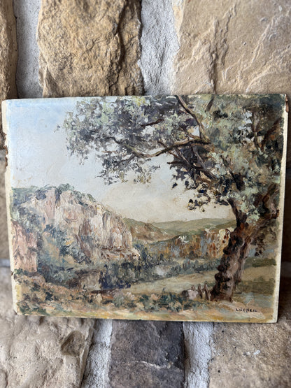 French Oil on Board, Sycamore with Cliffs, Signed