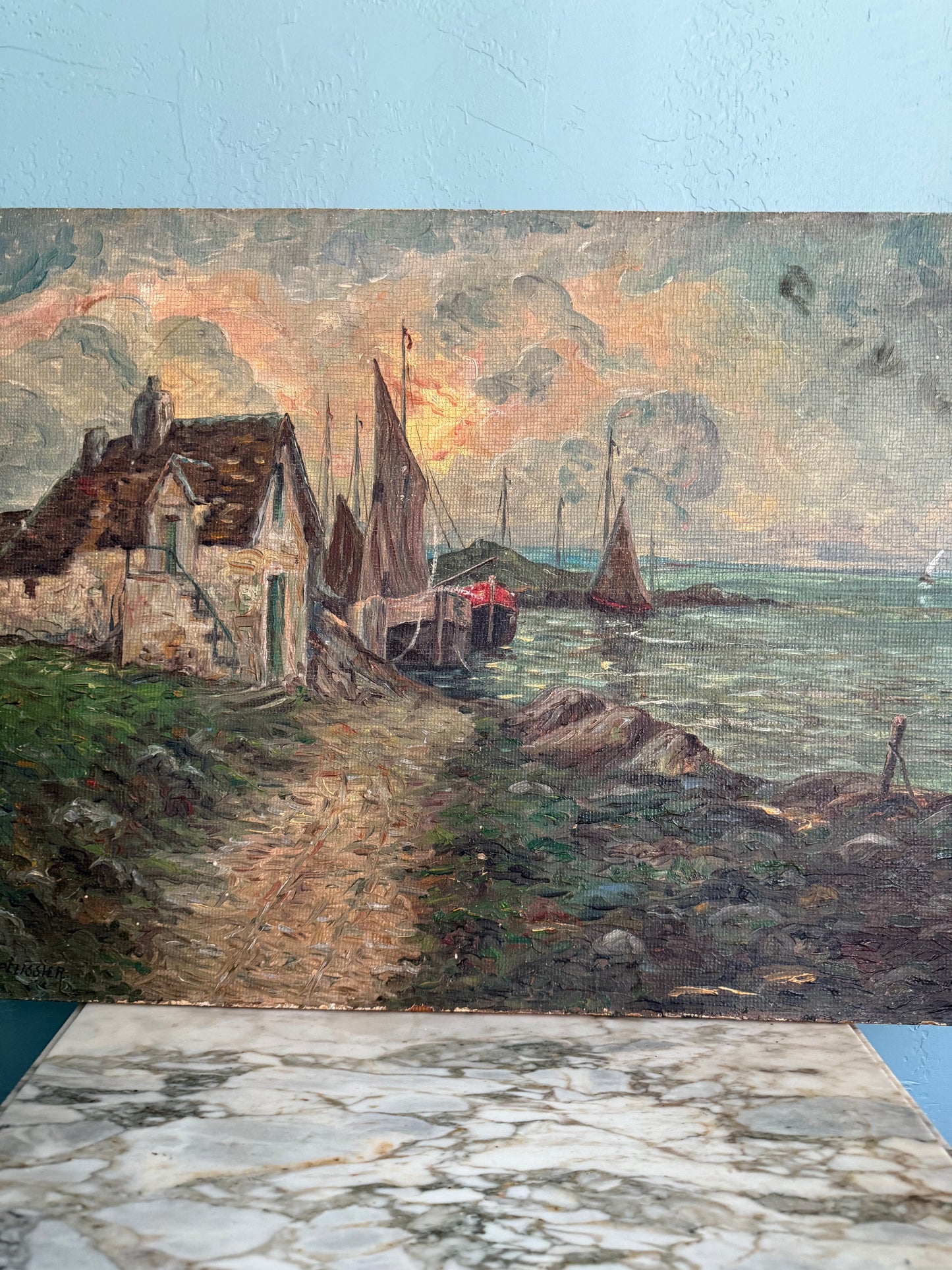 Mid-20th Century Harbor Scene Oil Painting – Signed by Pélissier