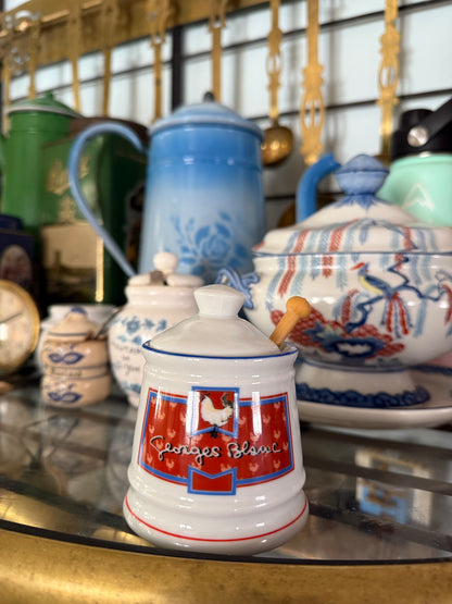 Vintage Apilco France Georges Blanc Porcelain Mustard Pot with Lid &amp; Spoon