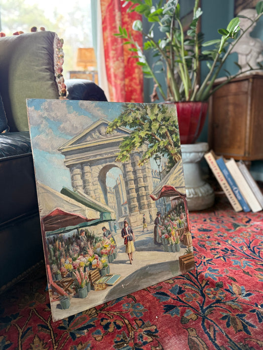 “Marché à la Porte d’Aquitaine” – French Oil on Board