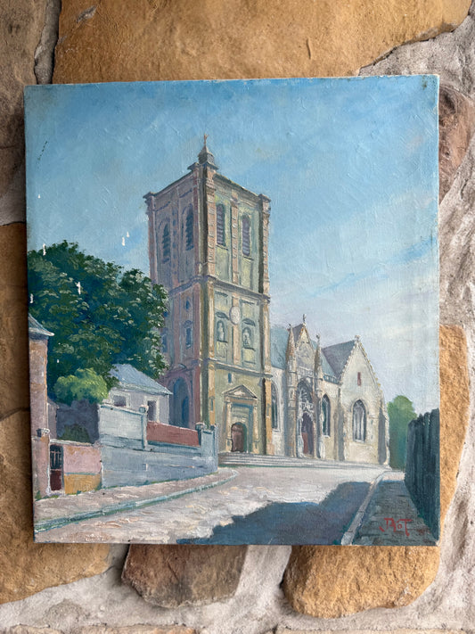 “Rue Carnot, Rethel” – French Cathedral Painting, Signed T.G.