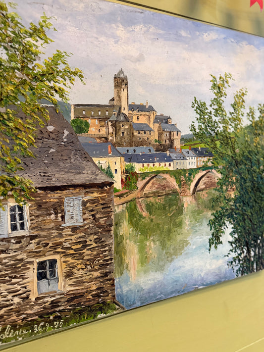 French River Village – Oil on Board, Signed “Valérie,” 1975