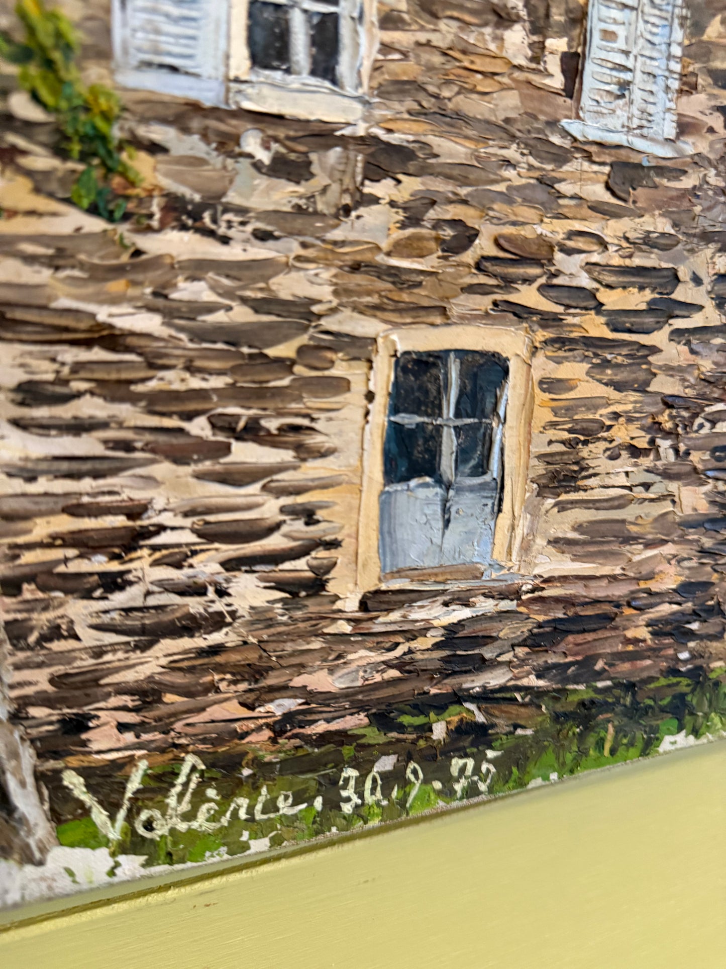 French River Village – Oil on Board, Signed “Valérie,” 1975