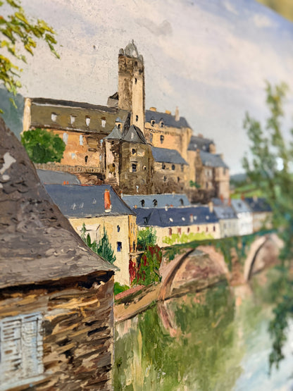 French River Village – Oil on Board, Signed “Valérie,” 1975