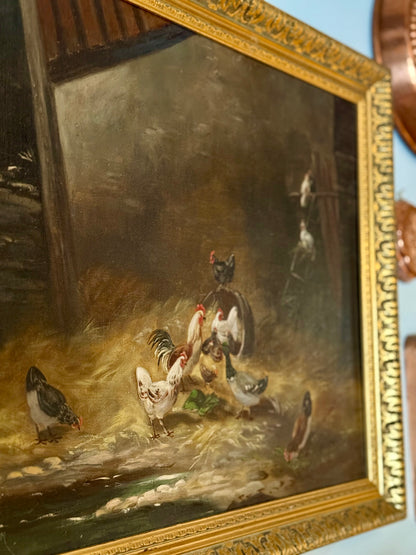 “Éveil du Poulailler” – Signed Antique Oil Painting of Barnyard Fowl