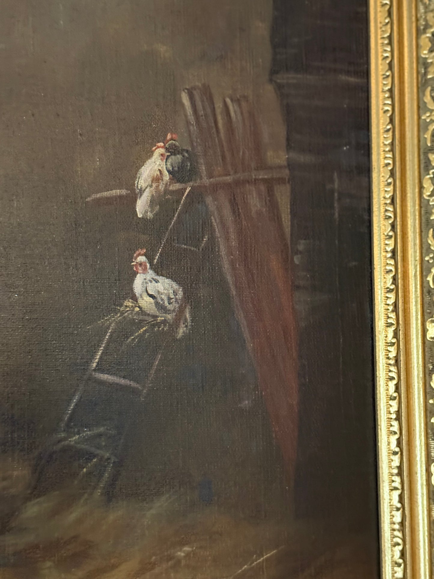 “Éveil du Poulailler” – Signed Antique Oil Painting of Barnyard Fowl