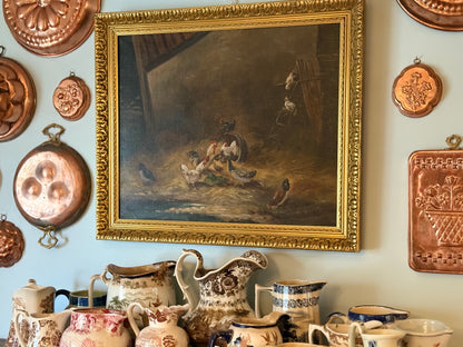 “Éveil du Poulailler” – Signed Antique Oil Painting of Barnyard Fowl