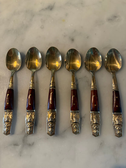 Set of Six Vintage Siamese Buddha Spoons – Brass and Teakwood