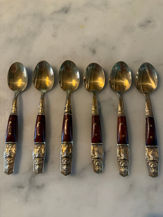 Set of Six Vintage Siamese Buddha Spoons – Brass and Teakwood